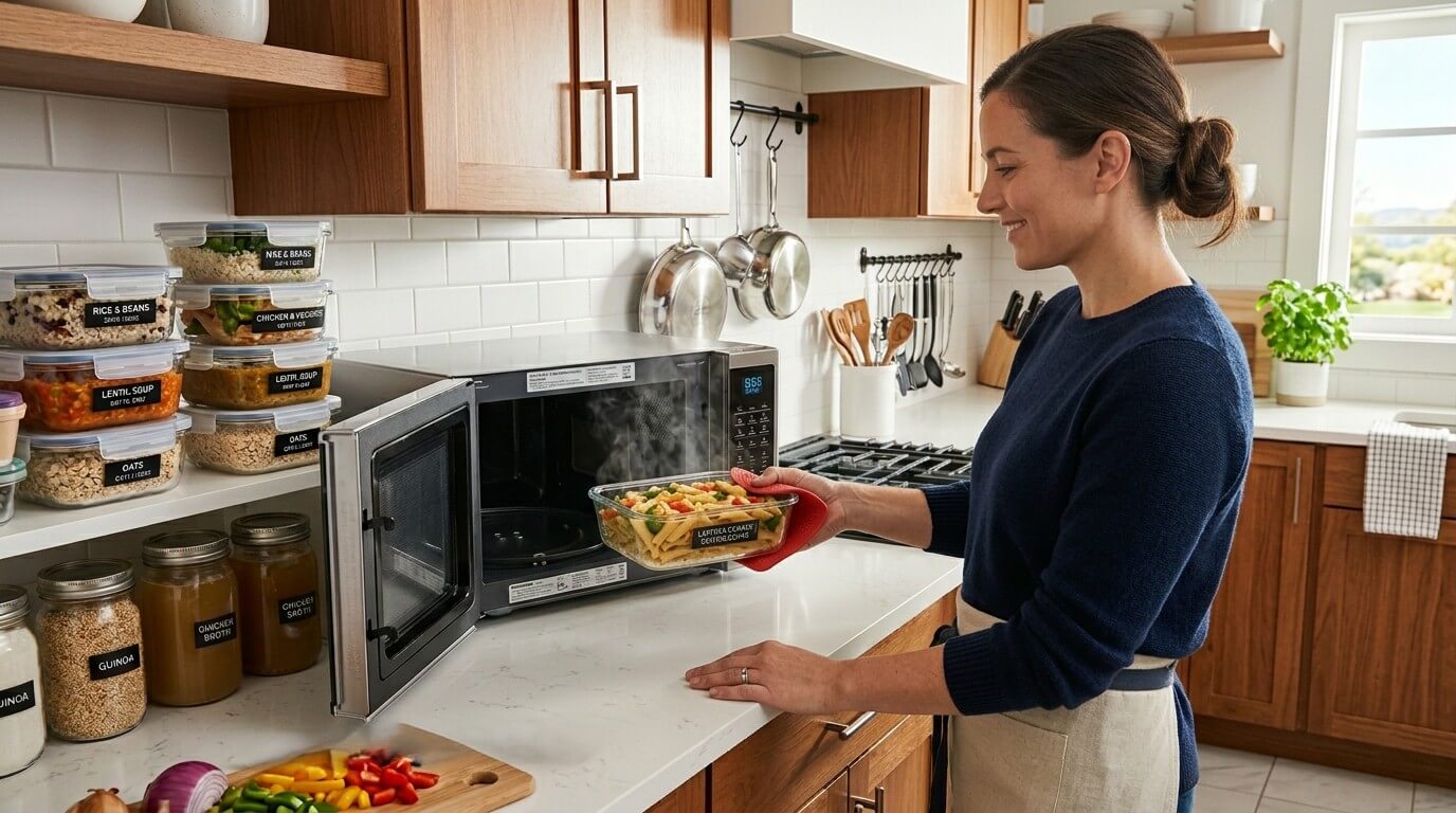 Woman using red oven mitt to remove steaming pasta from microwave in kitchen with labeled food containers