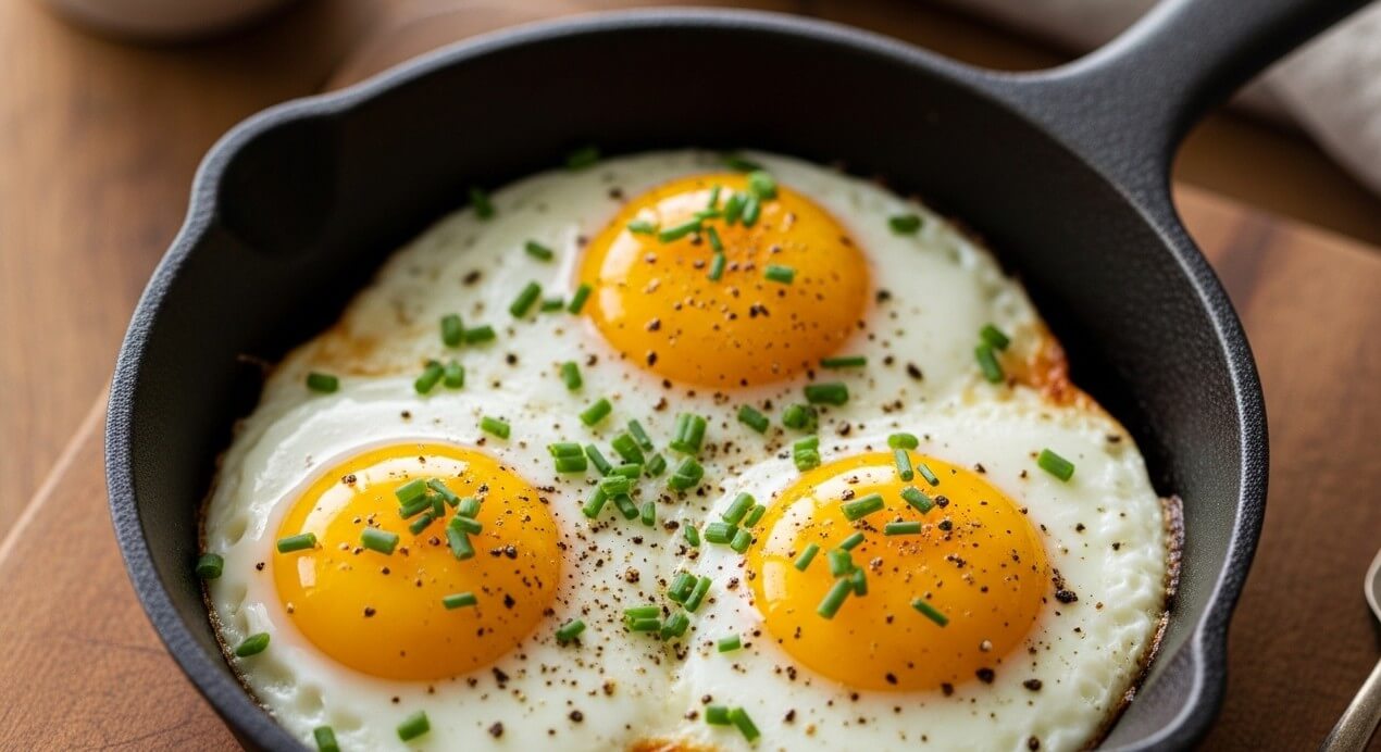 Three sunny-side-up eggs sprinkled with chopped chives and black pepper in a cast iron skillet
