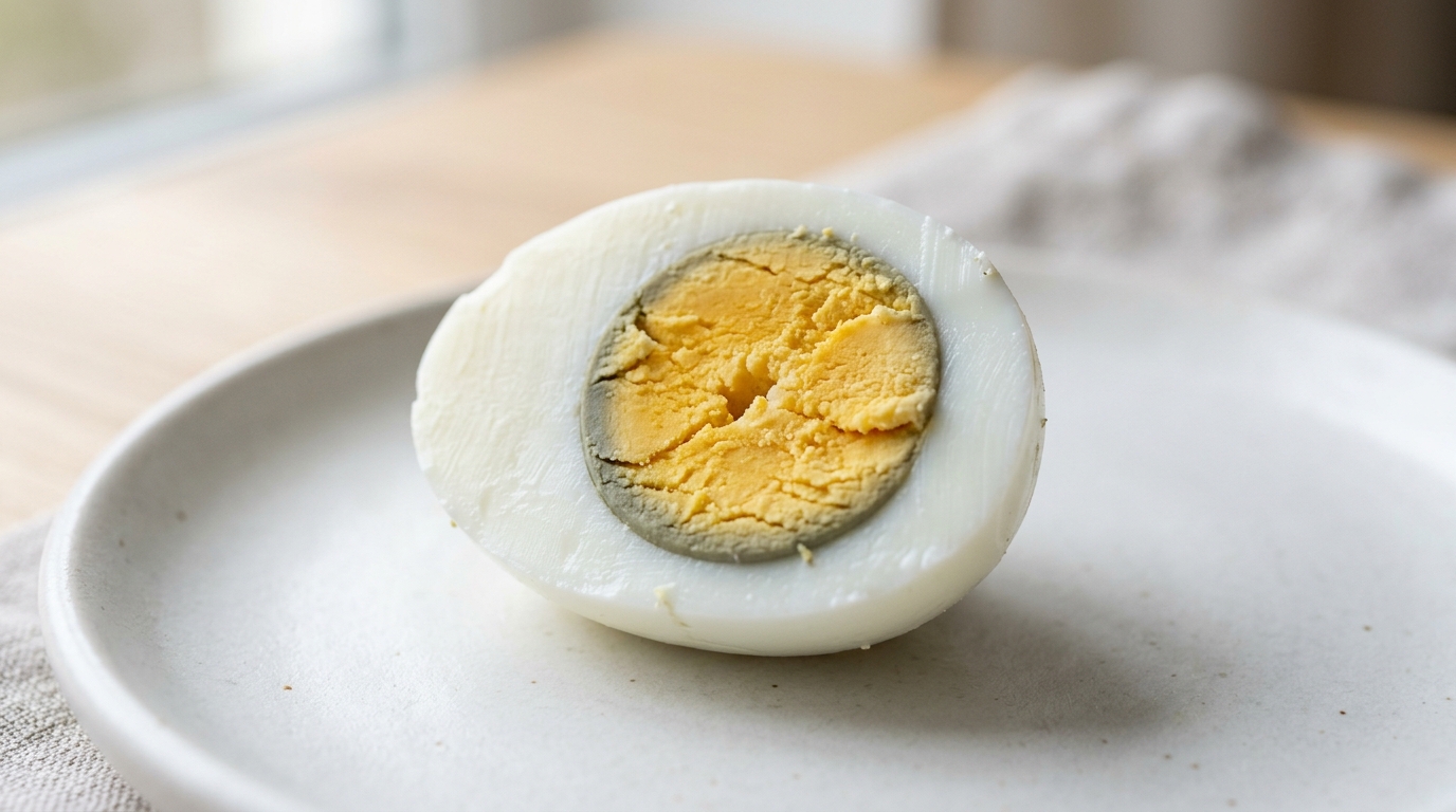 Half of a hard-boiled egg with a slightly greenish yolk edge on a white plate