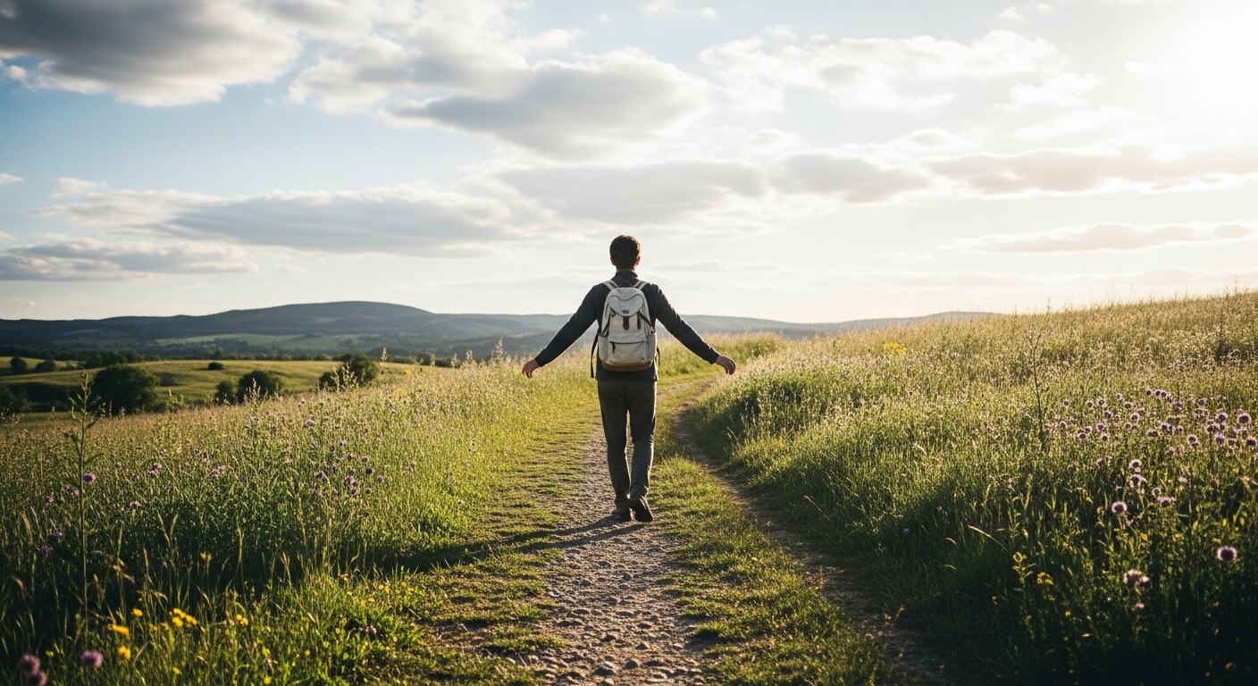 Person walking on a dirt path through a grassy field with wildflowers under a cloudy sky