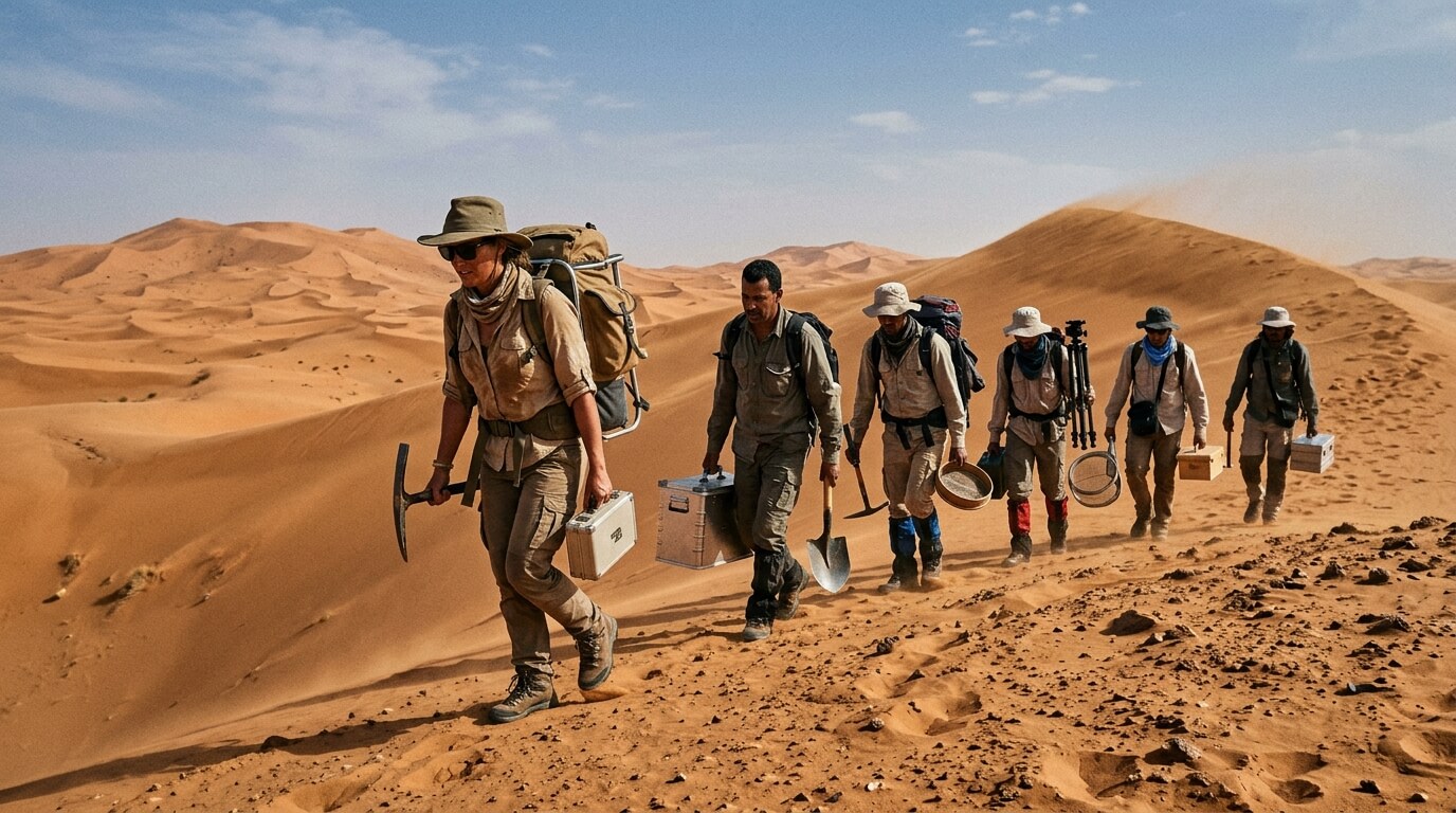 Group of archaeologists hiking with tools and equipment across desert sand dunes under a clear sky