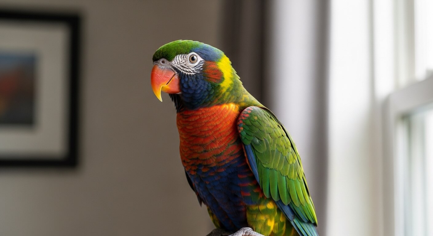 Rainbow lorikeet perched indoors near a window with blurred background.