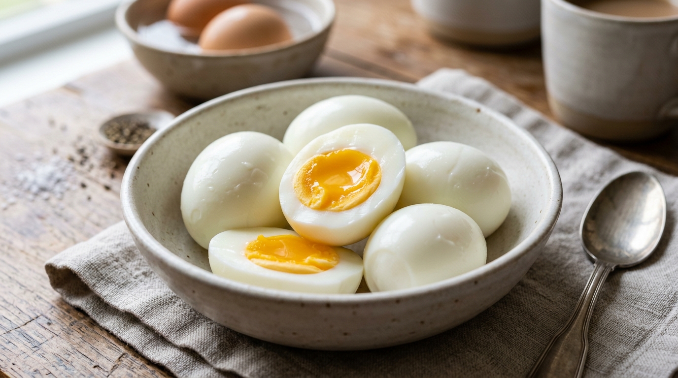 Bowl of soft-boiled eggs with runny yolks on a linen napkin next to a spoon on a wooden table.