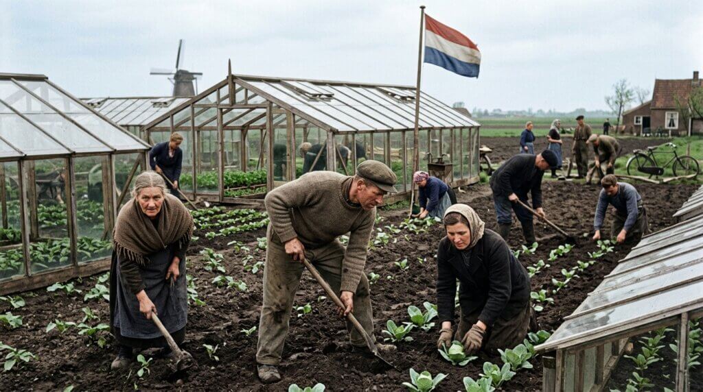 Group of farmers planting crops in a field with greenhouses and a Dutch flag in the background