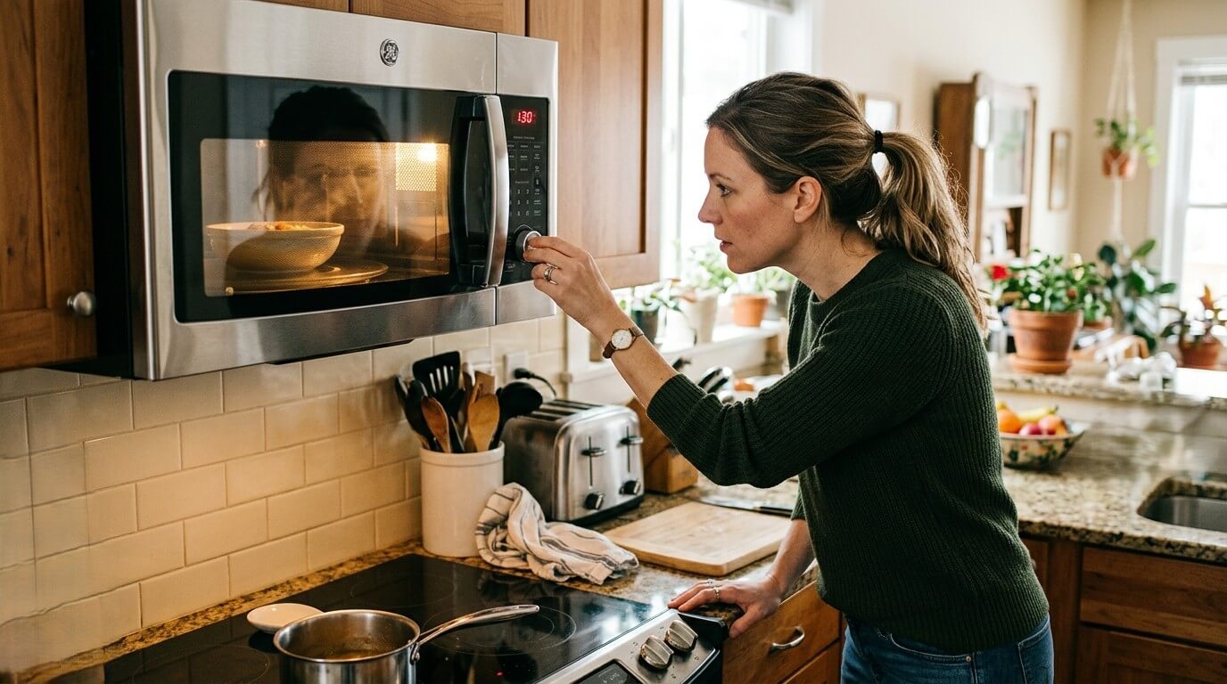 Woman in a green sweater adjusting a GE microwave timer in a kitchen with wooden cabinets and plants.