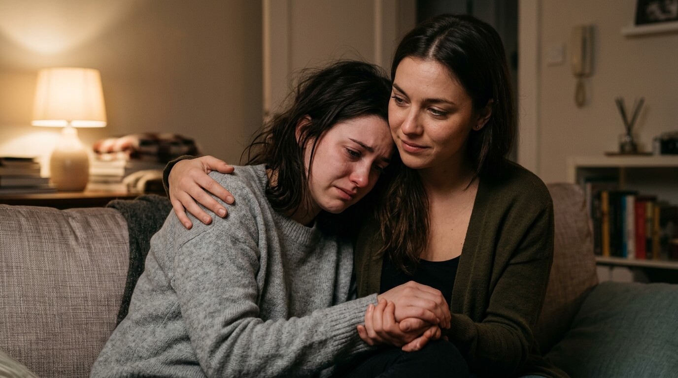 Two women sitting on a couch, one comforting the other who is crying and wearing a gray sweater.