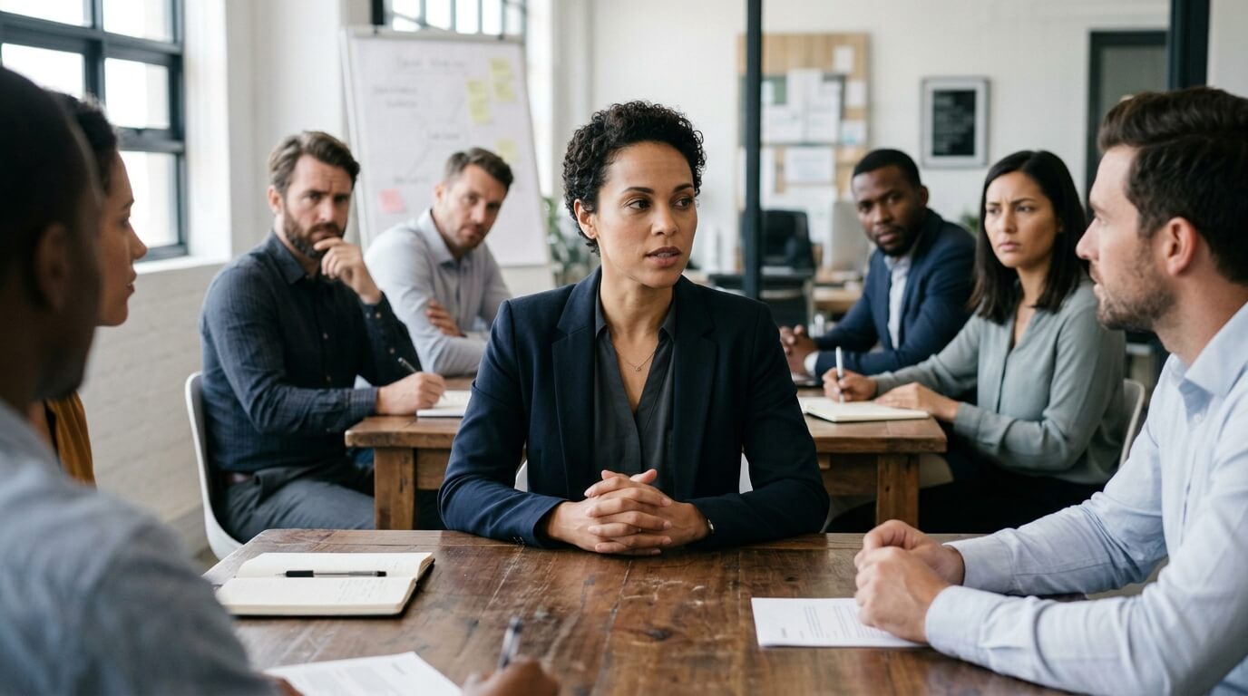 Businesswoman leading a serious meeting with diverse colleagues around a wooden conference table in an office.