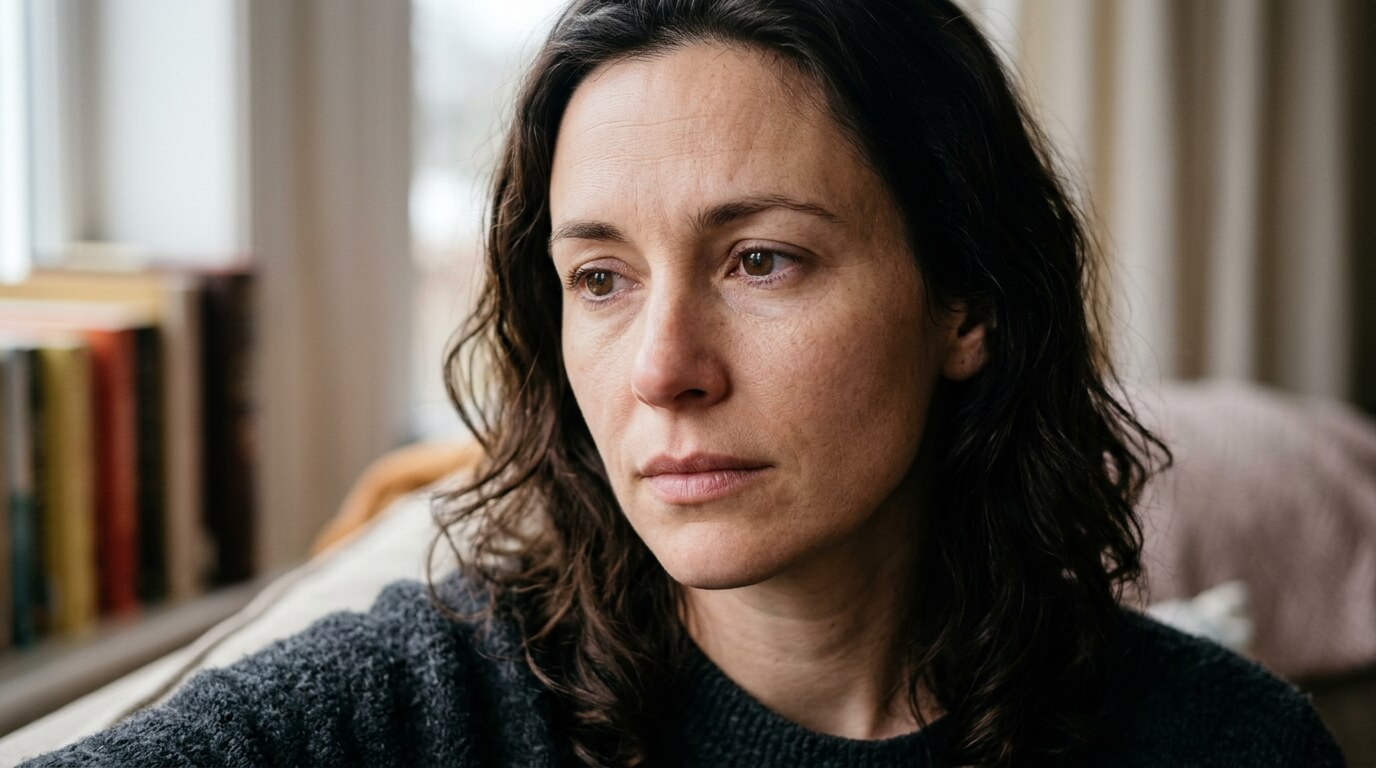 Sad woman with curly dark hair wearing a dark sweater sitting indoors near a window with books in the background