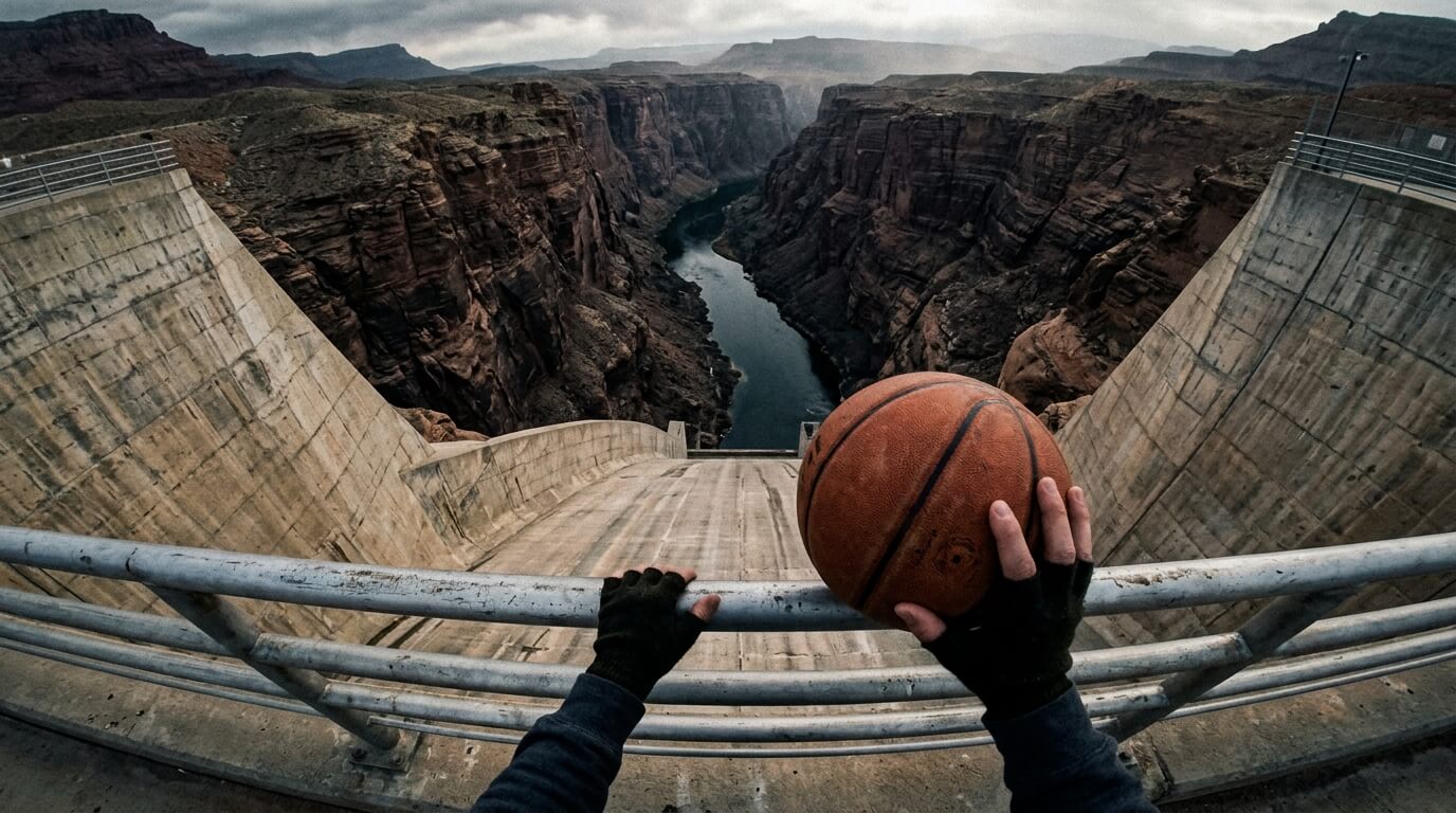 Person holding a basketball over a dam with a deep canyon and river in the background