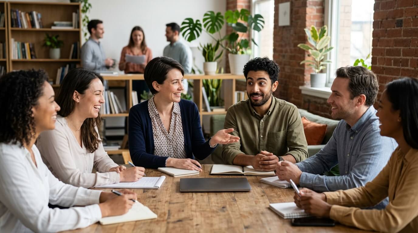 Diverse group of six colleagues having a lively discussion around a wooden table with notebooks and a laptop.
