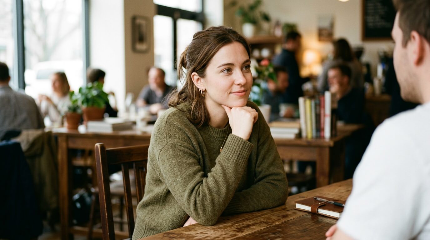 Young woman in green sweater attentively listening to a man in a busy café setting