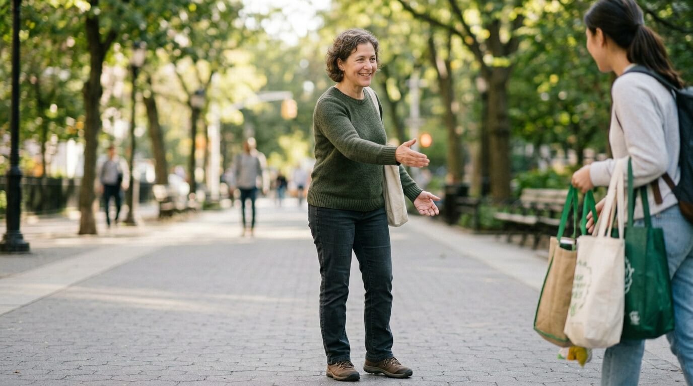 Woman in green sweater extending hand for handshake to another woman carrying reusable shopping bags in park pathway