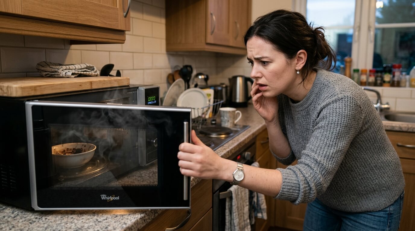 Woman in gray sweater opening a Whirlpool microwave with a smoking bowl inside in a kitchen