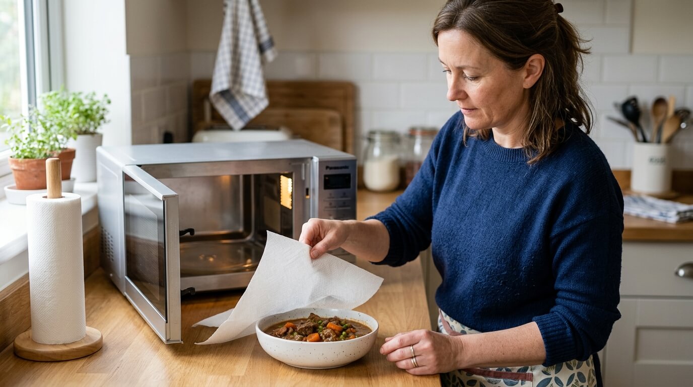 Woman removing paper towel from bowl of stew next to open Panasonic microwave in kitchen