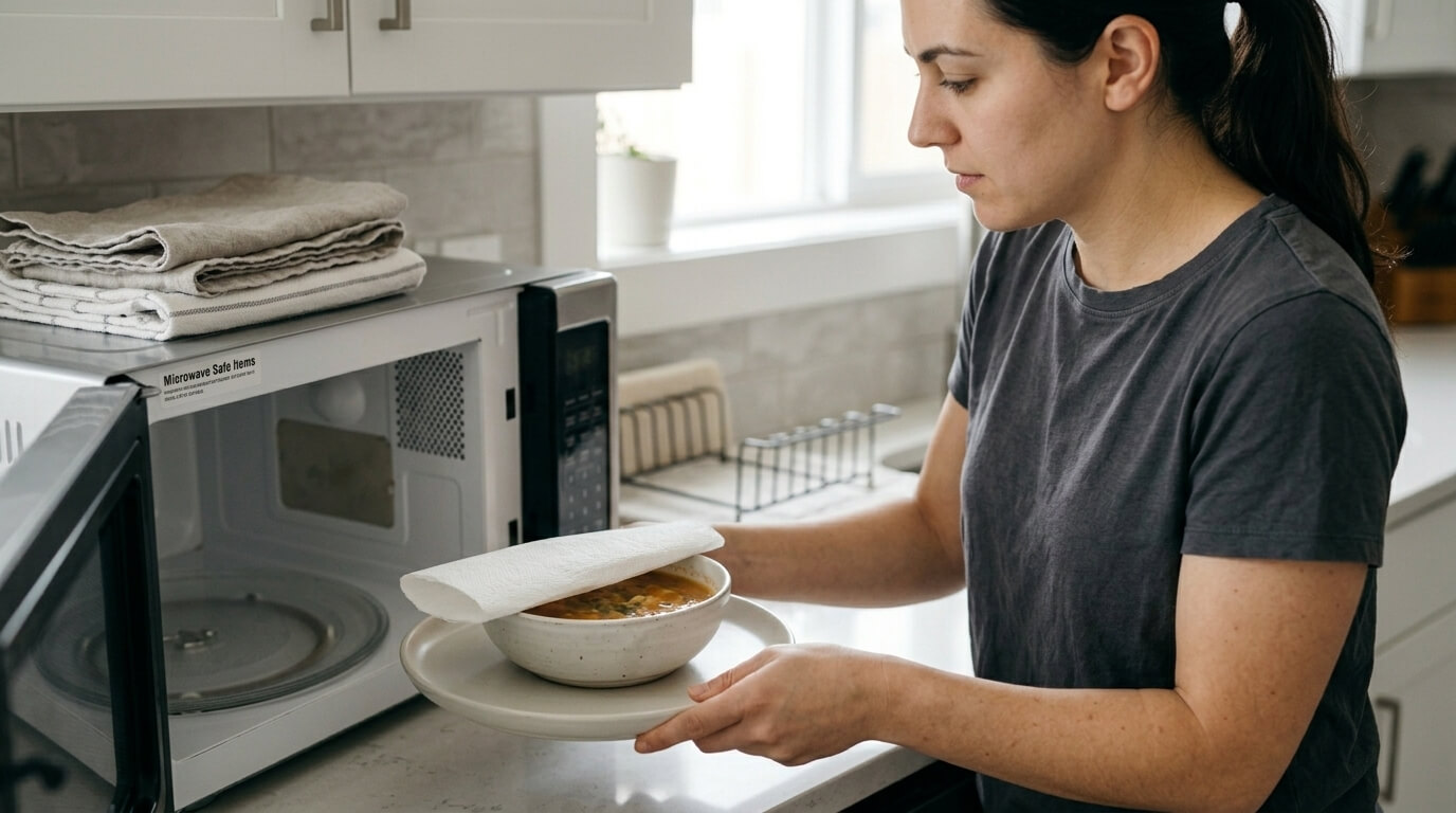 Woman removing a bowl of soup covered with a paper towel from a microwave in a kitchen