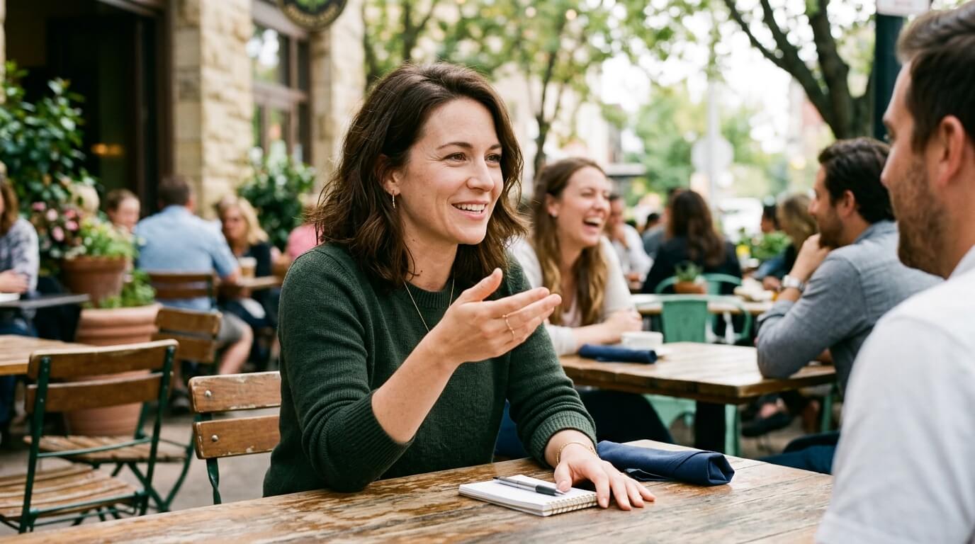 Woman in green sweater gesturing while talking to a man at an outdoor café table with a notebook and pen.