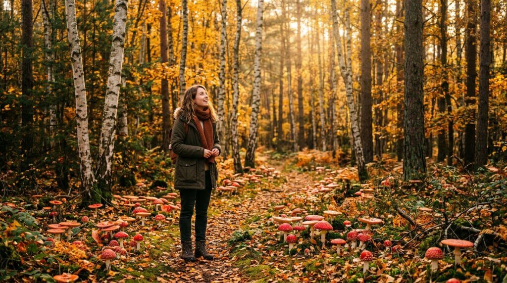 Woman in autumn jacket and scarf standing on a forest path surrounded by red mushrooms and fall foliage