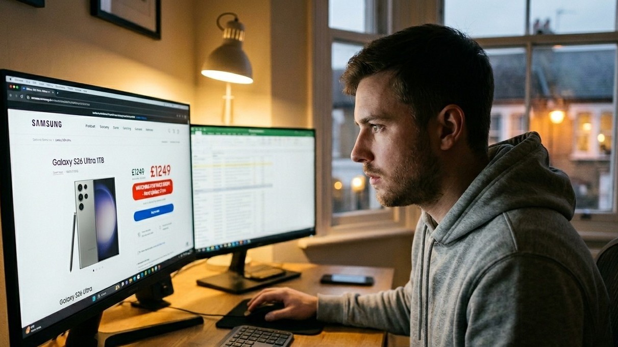 Man in gray hoodie browsing Samsung Galaxy S26 Ultra 1TB phone listing on dual monitors at desk