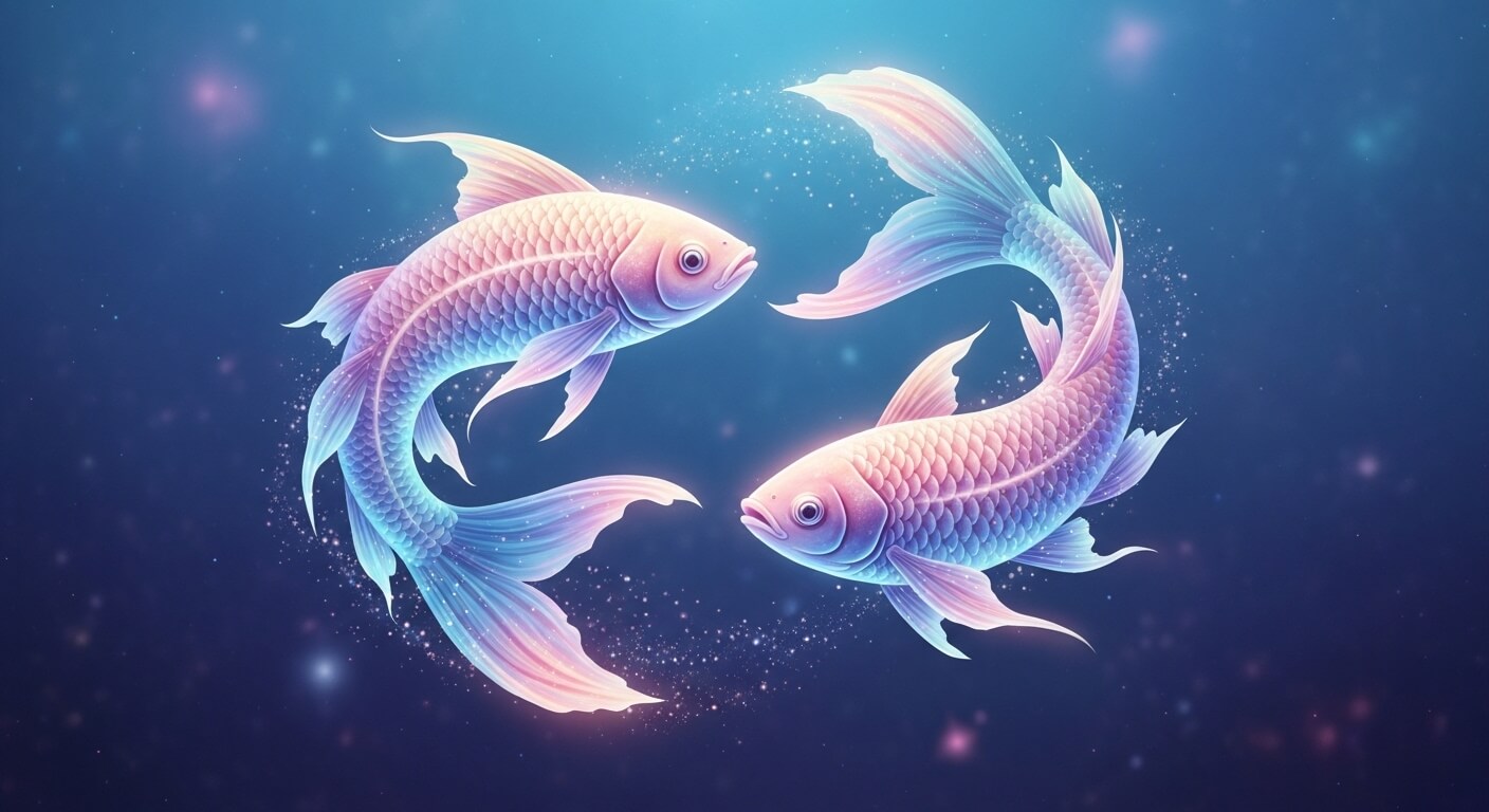 Two glowing koi fish swimming in a circular pattern against a blue cosmic background