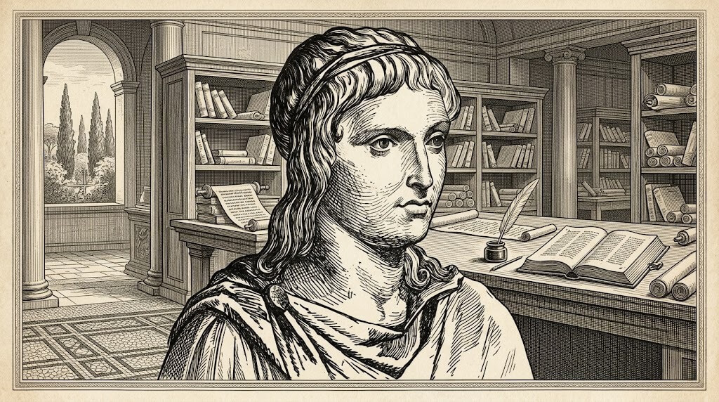 Engraving of a Roman scholar in a library with scrolls, books, and a quill on the desk.
