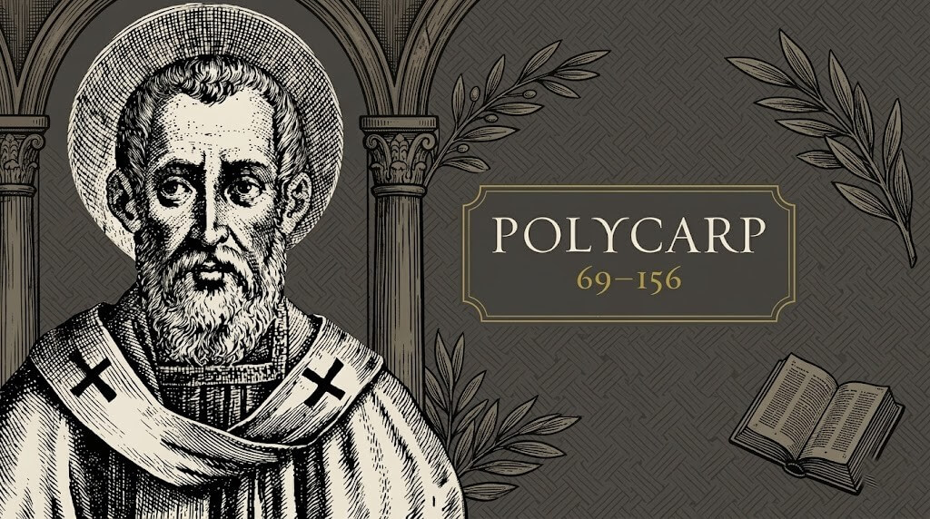 Engraving of Saint Polycarp with halo, wearing clerical robes, alongside his name and lifespan 69-156.