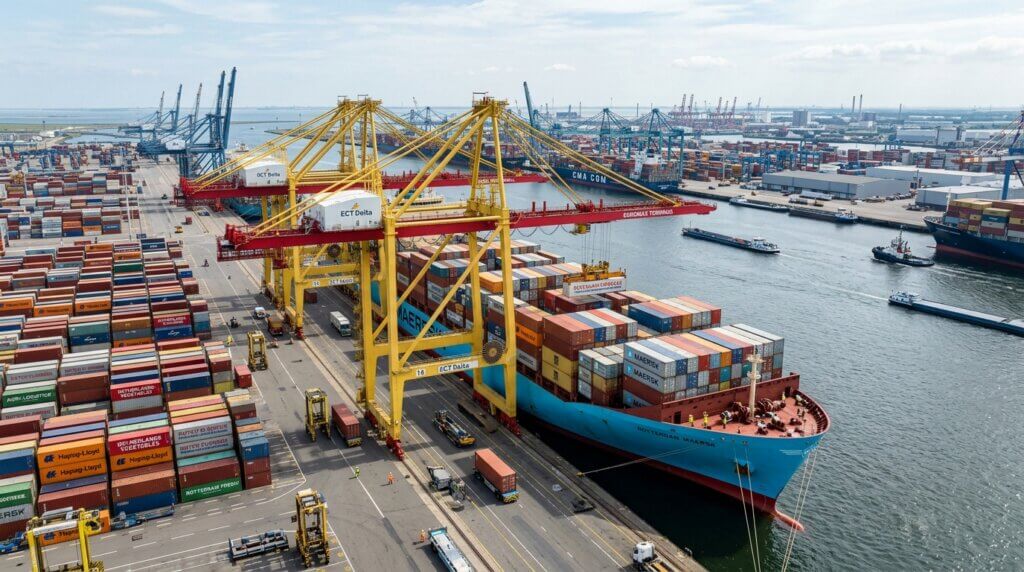 Rotterdam Maersk container ship being loaded with cargo at ECT Delta terminal with yellow cranes and stacked containers.