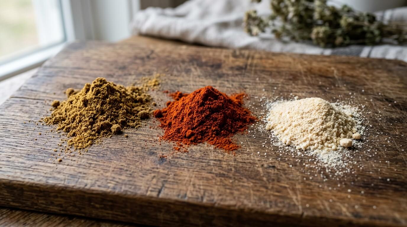 Three piles of ground spices in brown, red, and beige on a wooden cutting board near a window