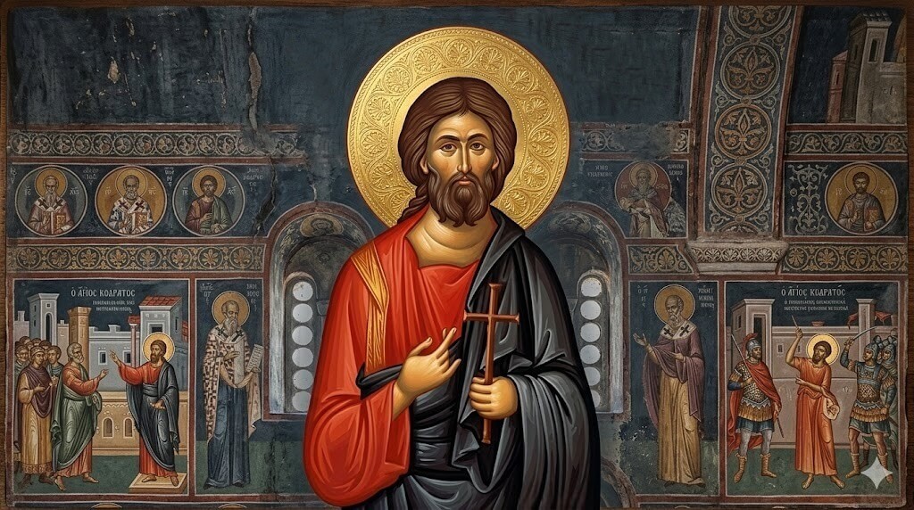 Byzantine-style icon of Jesus Christ holding a cross with a golden halo, surrounded by saints and biblical scenes.