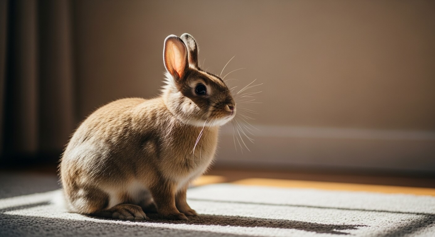 Brown rabbit sitting on a carpet in sunlight indoors against a plain wall background