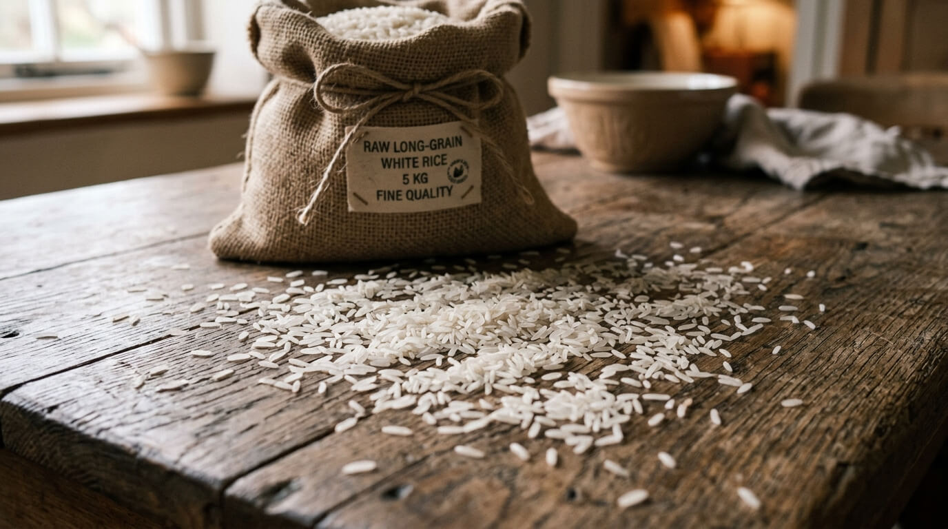 Raw long-grain white rice spilled on a wooden table next to a burlap sack labeled 5 kg fine quality rice