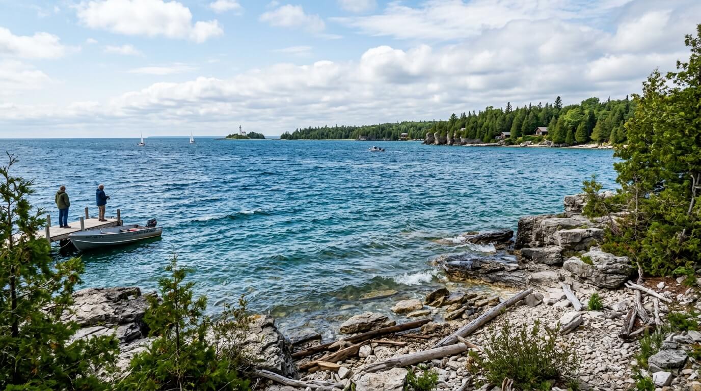 Two people fishing from a dock on a rocky shoreline with a boat and lighthouse in the distance on a lake.