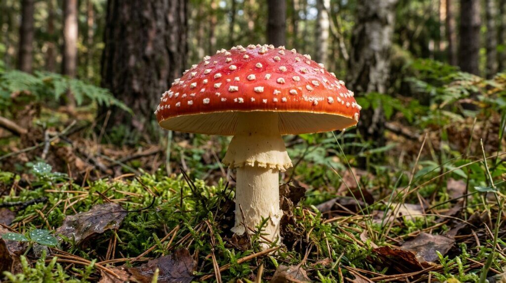 Red fly agaric mushroom with white spots growing in a forest on moss and fallen leaves