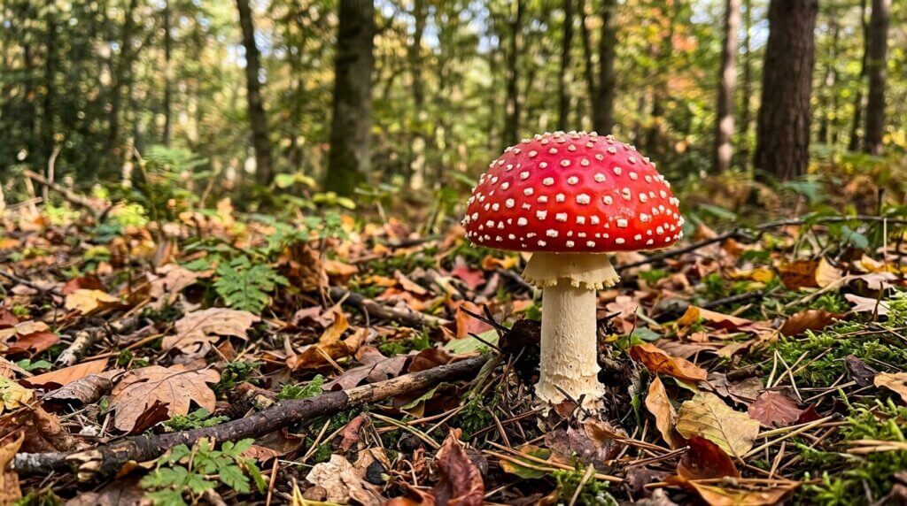 Red and white fly agaric mushroom growing among fallen leaves in a forest.
