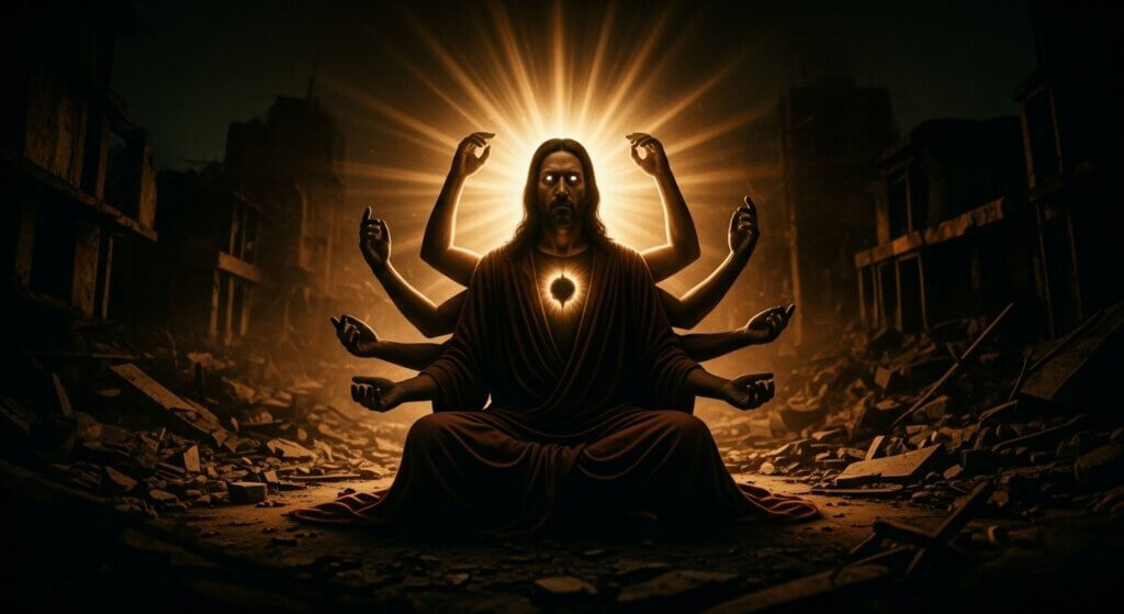Figure with six arms and glowing eyes meditating in a ruined building with radiant light behind them.