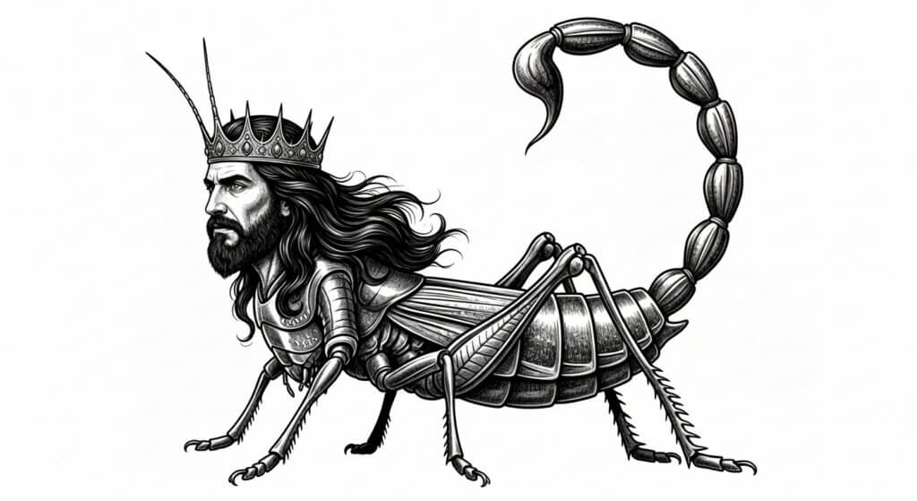 Scorpion body with a bearded man's head wearing a crown and long flowing hair in black and white illustration.