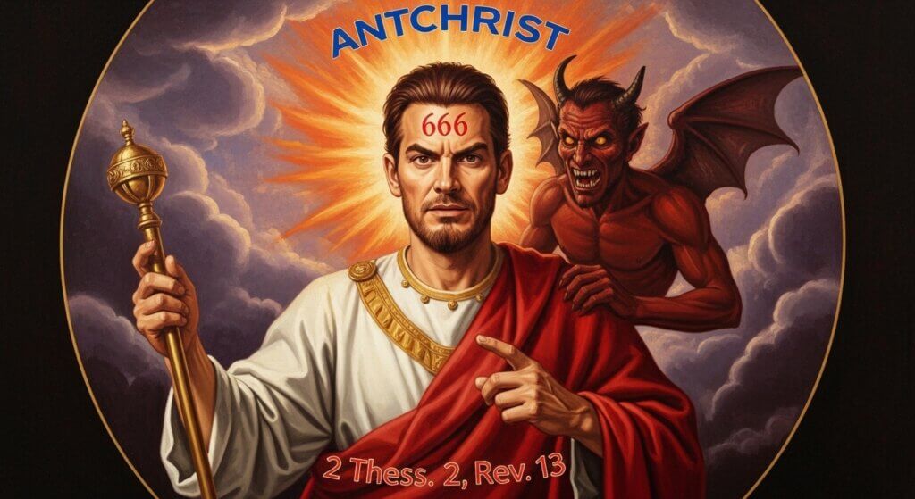 Man with "666" on forehead and red robe labeled "ANTICHRIST" with a devil figure behind him holding a scepter