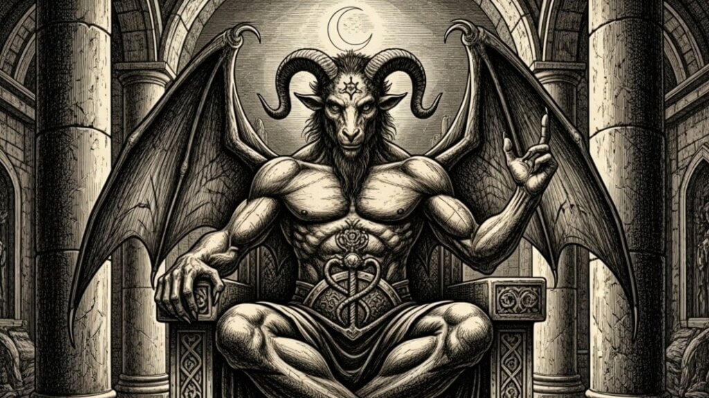 Illustration of a muscular winged goat-headed figure with horns sitting on a throne in a gothic stone hall.