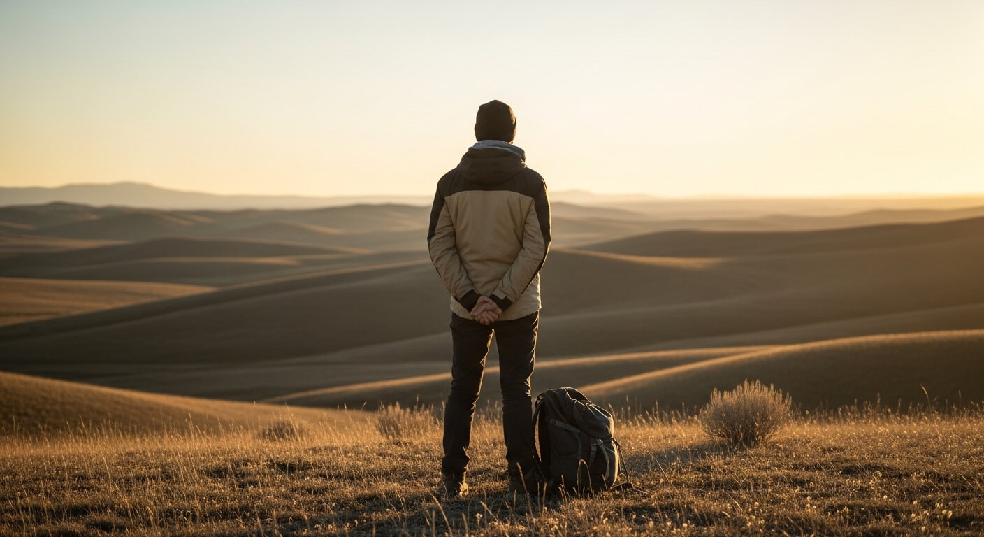 Person in a jacket and beanie standing with hands behind back next to a backpack, overlooking rolling hills at sunset.