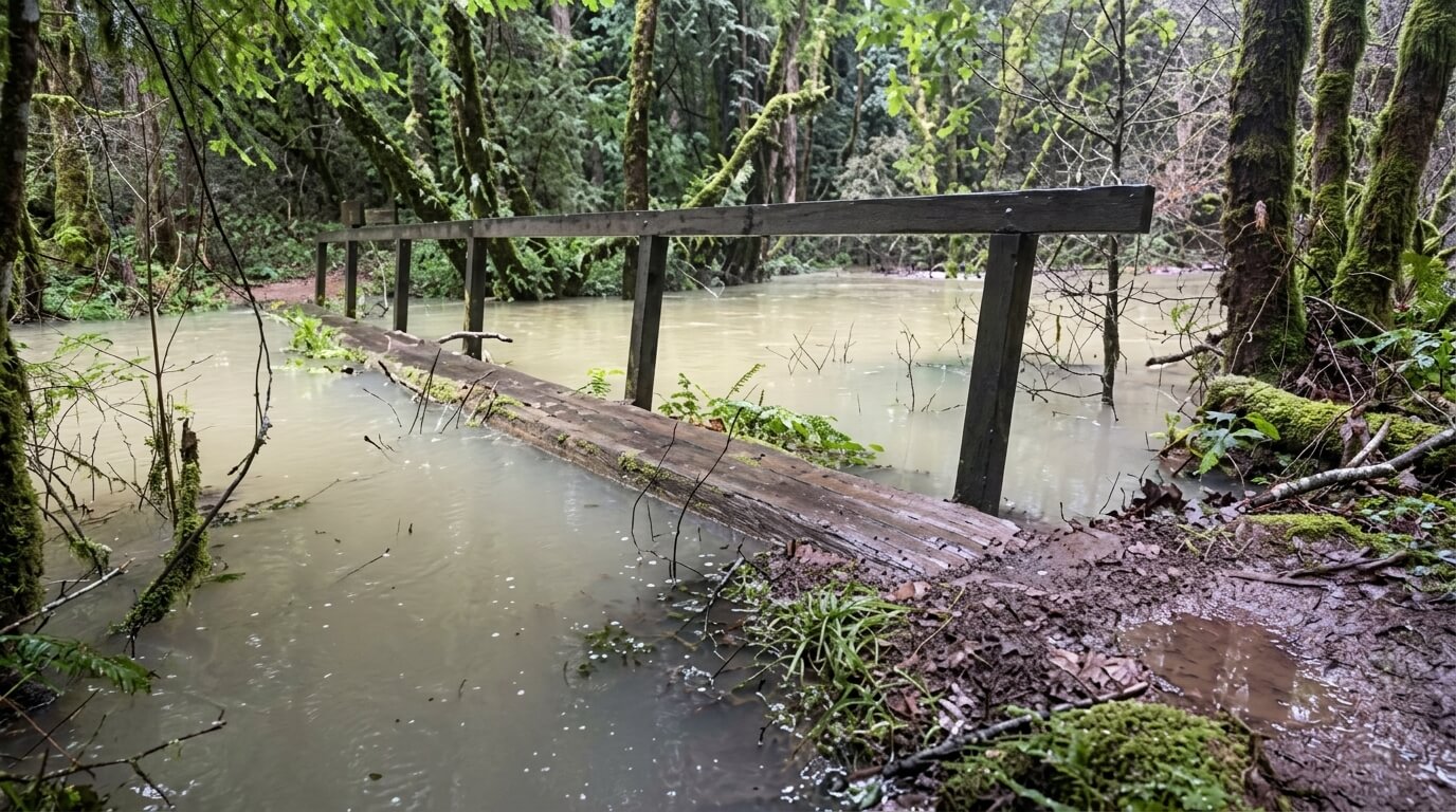 Narrow wooden footbridge with railing over a flooded forest stream surrounded by moss-covered trees and plants