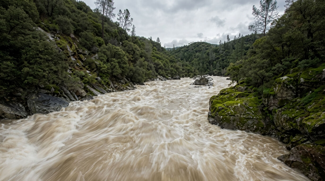Rapid muddy river flowing through a forested rocky canyon under a cloudy sky
