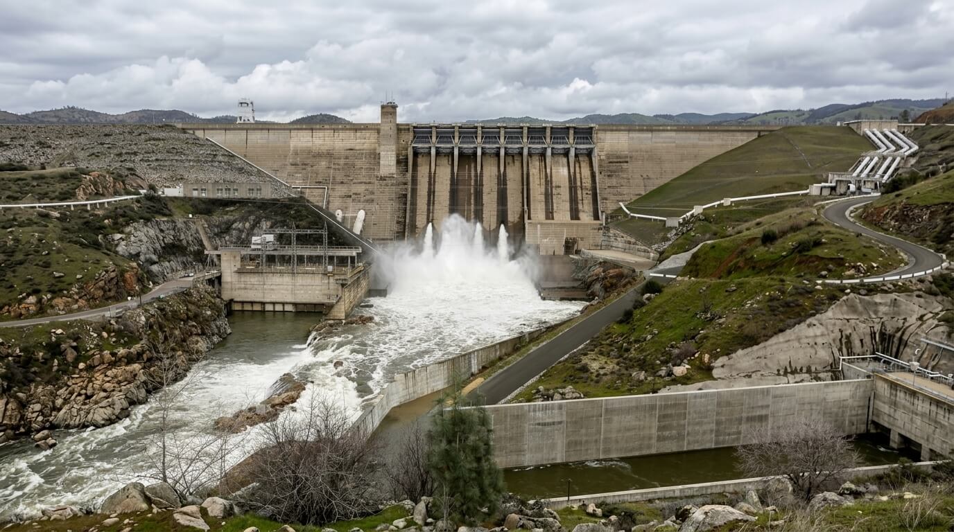 Large concrete dam releasing water into a river with surrounding rocky and grassy hills under a cloudy sky