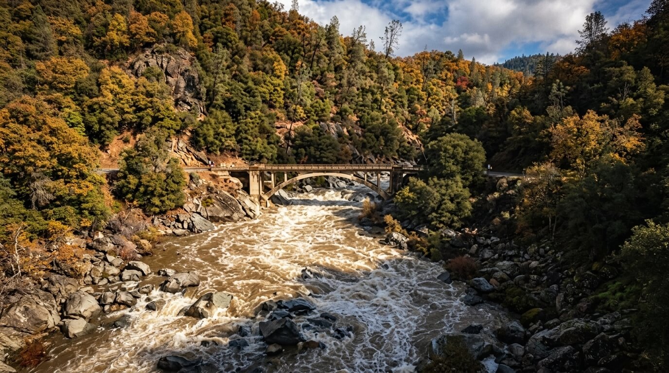 Concrete arch bridge over a turbulent river surrounded by autumn-colored forested hills under a partly cloudy sky