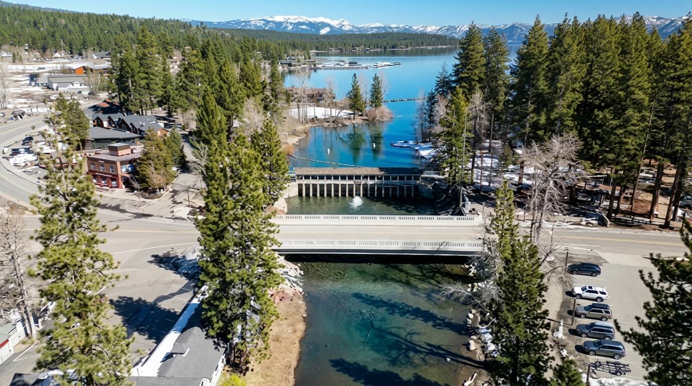 Bridge over clear river with pine trees, parked cars, and snow-capped mountains in the background