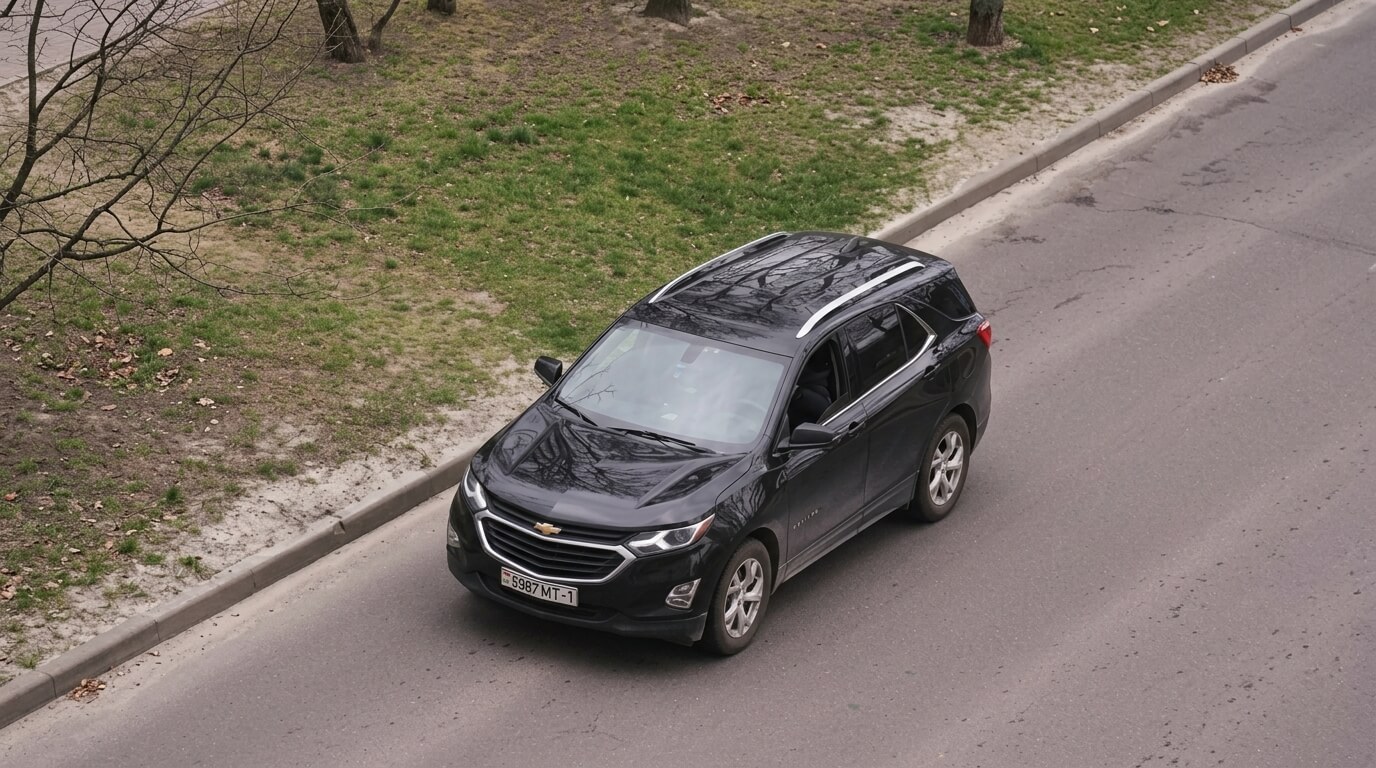 Black Chevrolet Equinox SUV driving on a paved road beside a grassy area with bare trees.