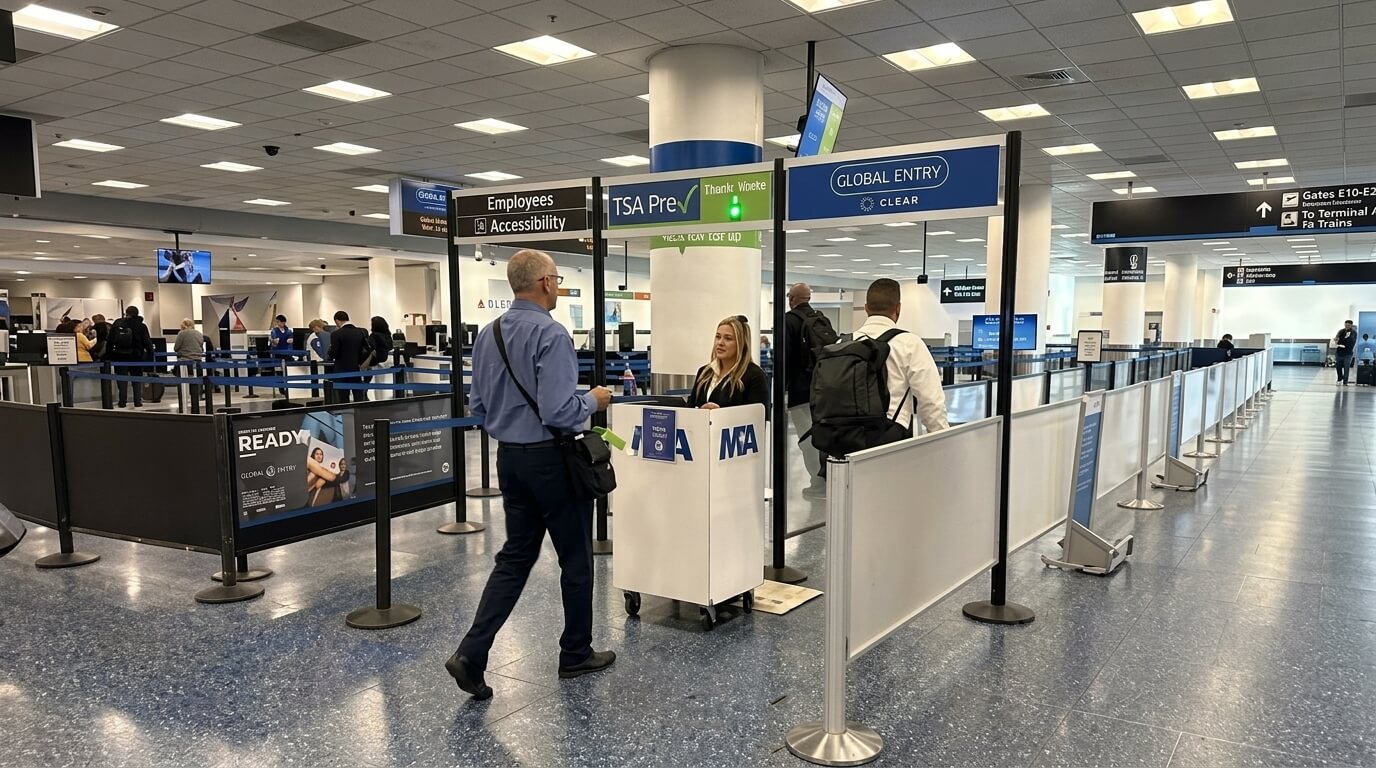 Travelers approaching TSA PreCheck and Global Entry security lanes at an airport checkpoint with an NTA representative assisting.