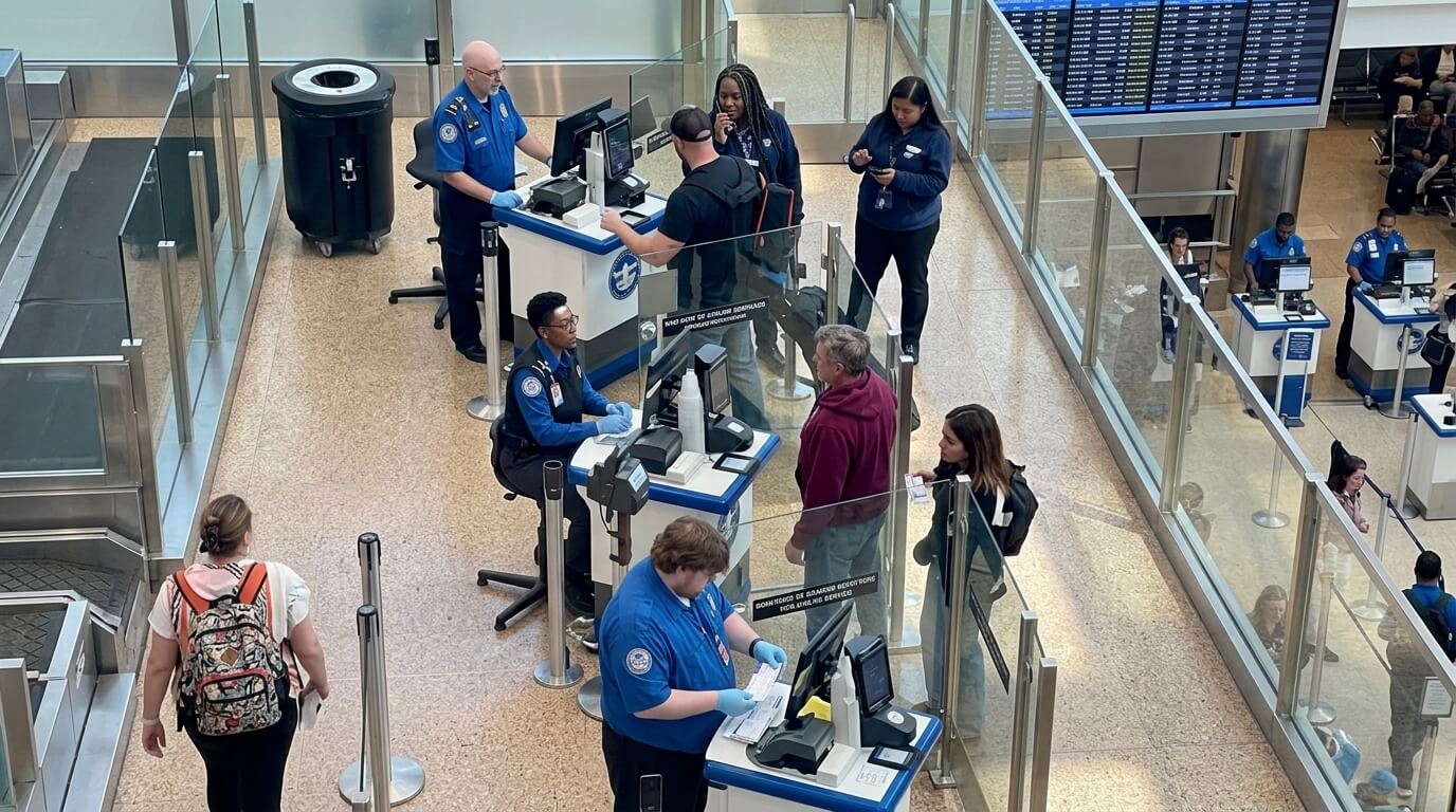 TSA officers screening passengers at airport security checkpoints with flight information display in background.
