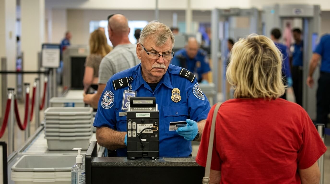 TSA officer in blue uniform scanning a passenger's boarding pass at airport security checkpoint.