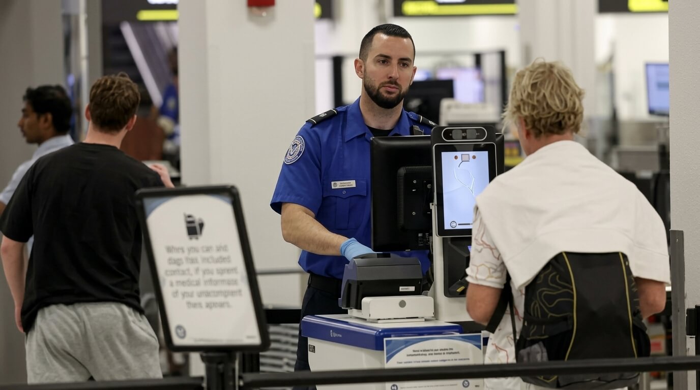 TSA officer in blue uniform assisting a traveler at an airport security checkpoint with a biometric scanner.