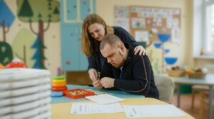 Woman assisting a young man with a developmental disability in a classroom activity with colorful toys and papers.