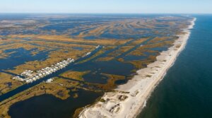 Aerial view of a coastal marshland with waterways, residential houses, and a sandy beach along the ocean.